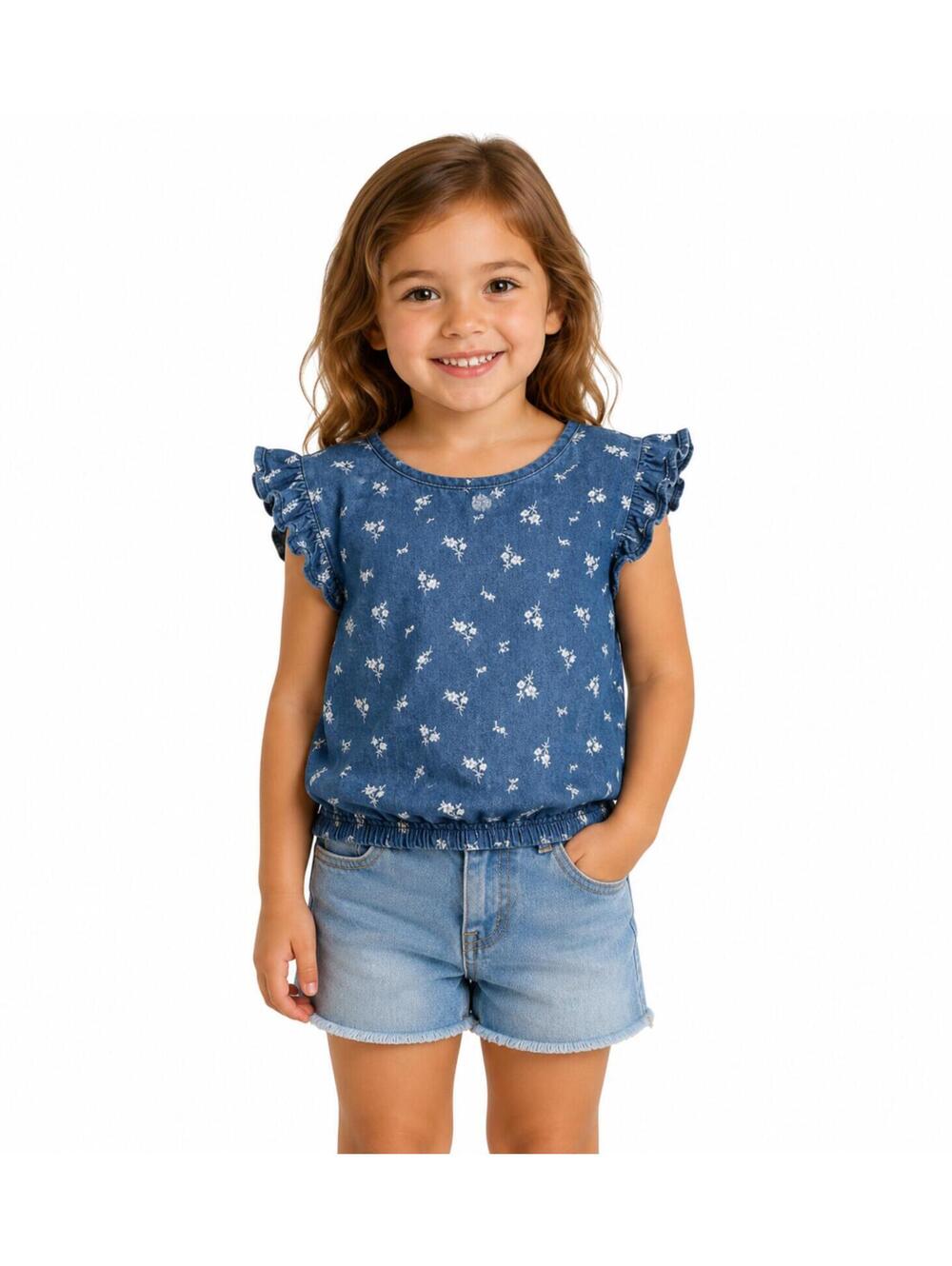 Old Navy Girls 4T Chambray Blue Floral Ruffle Sleeve Button Back Blouse Shirt